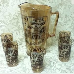 Vintage, 6-pc Set Blue willow Carnival Glass Pitcher and Juice Glasses